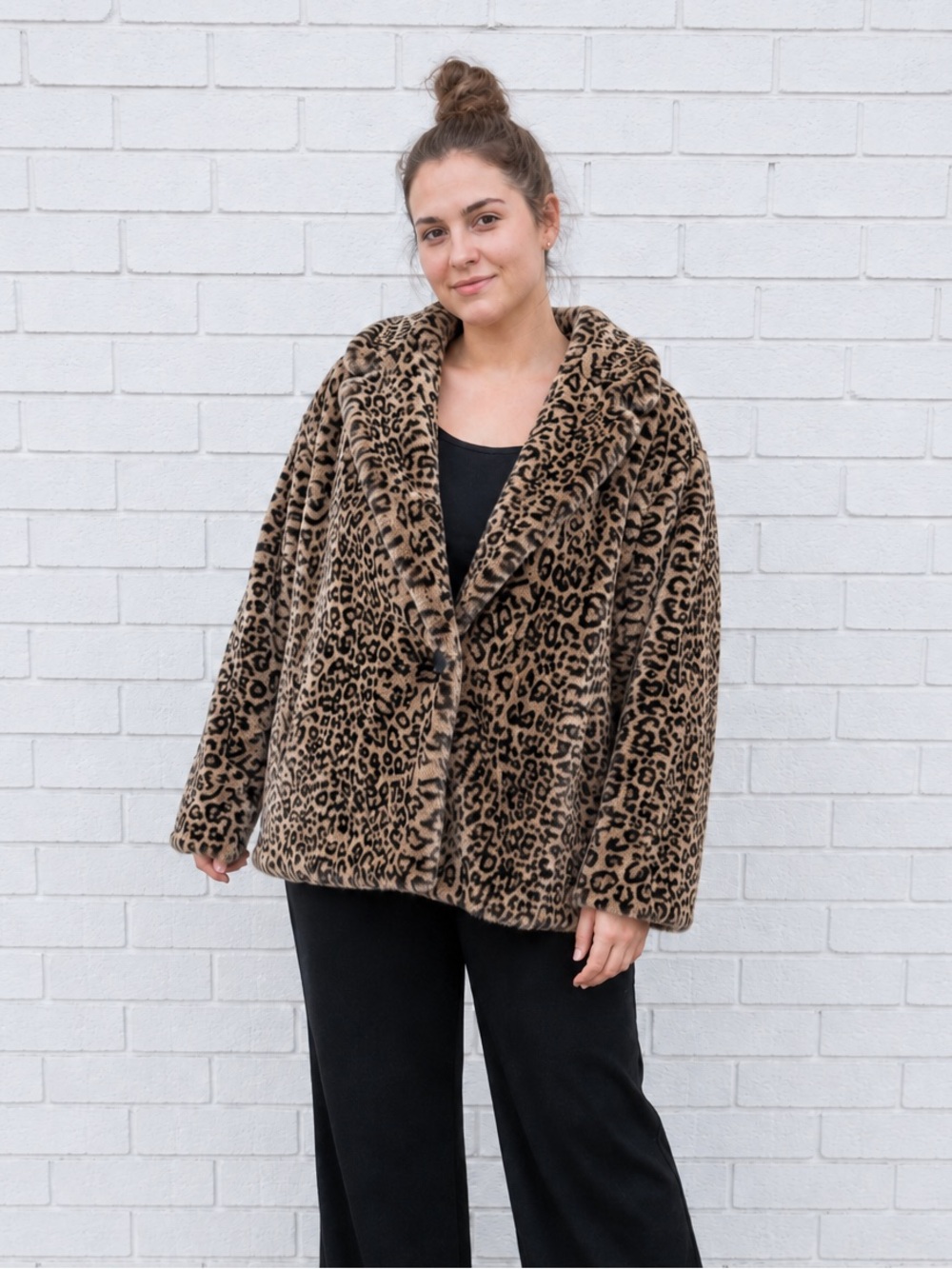 Vintage Y2K 90s Leopard Faux Fur Coat Womens XL Animal Print Plush Winter Jacket